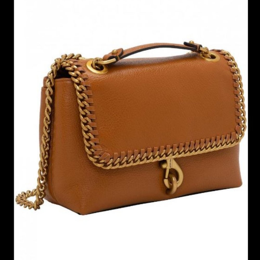 REBECCA MINKOFF Edie pebbled leather woven chain women's crossbody bag CARAMELLO